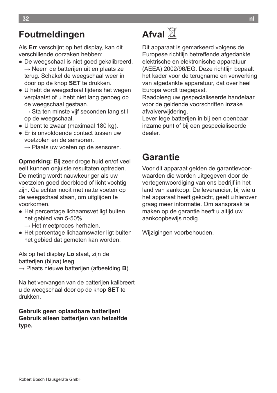 Foutmeldingen, Afval, Garantie | Bosch PPW2360 Analysewaage elektronisch AxxenceAnalysis Graphic User Manual | Page 36 / 130