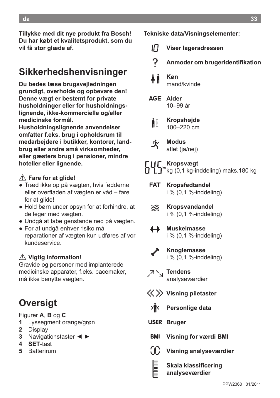 Sikkerhedshenvisninger, Oversigt | Bosch PPW2360 Analysewaage elektronisch AxxenceAnalysis Graphic User Manual | Page 37 / 130