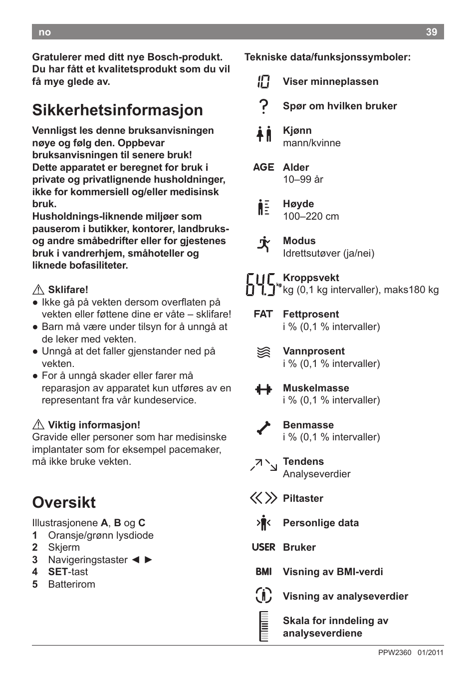 Sikkerhetsinformasjon, Oversikt | Bosch PPW2360 Analysewaage elektronisch AxxenceAnalysis Graphic User Manual | Page 43 / 130