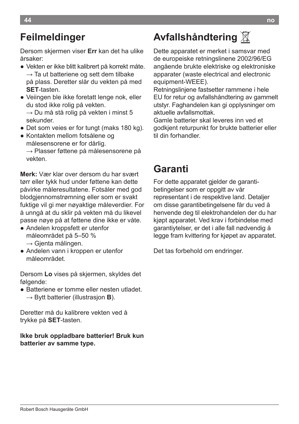 Feilmeldinger, Avfallshåndtering, Garanti | Bosch PPW2360 Analysewaage elektronisch AxxenceAnalysis Graphic User Manual | Page 48 / 130