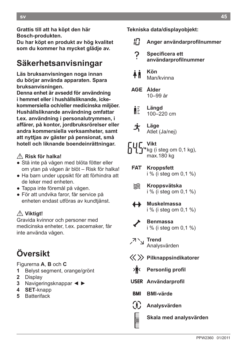 Säkerhetsanvisningar, Översikt | Bosch PPW2360 Analysewaage elektronisch AxxenceAnalysis Graphic User Manual | Page 49 / 130