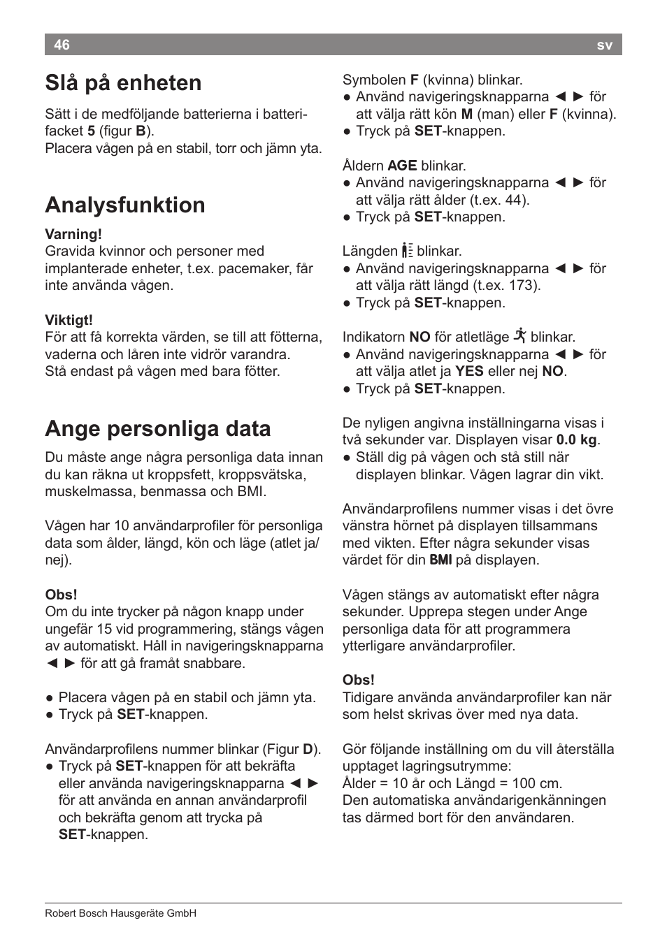 Slå på enheten, Analysfunktion, Ange personliga data | Bosch PPW2360 Analysewaage elektronisch AxxenceAnalysis Graphic User Manual | Page 50 / 130