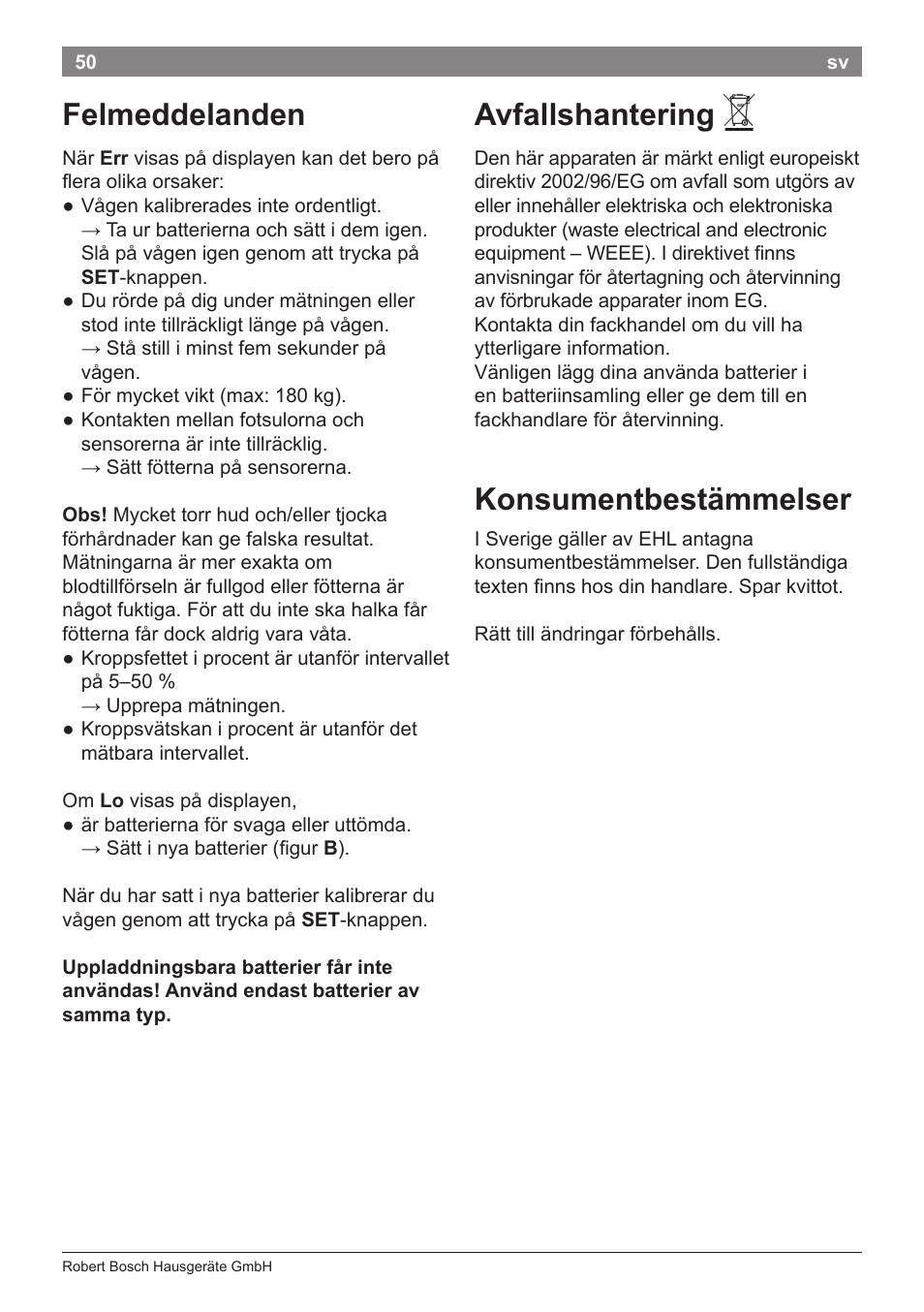 Felmeddelanden, Avfallshantering, Konsumentbestämmelser | Bosch PPW2360 Analysewaage elektronisch AxxenceAnalysis Graphic User Manual | Page 54 / 130