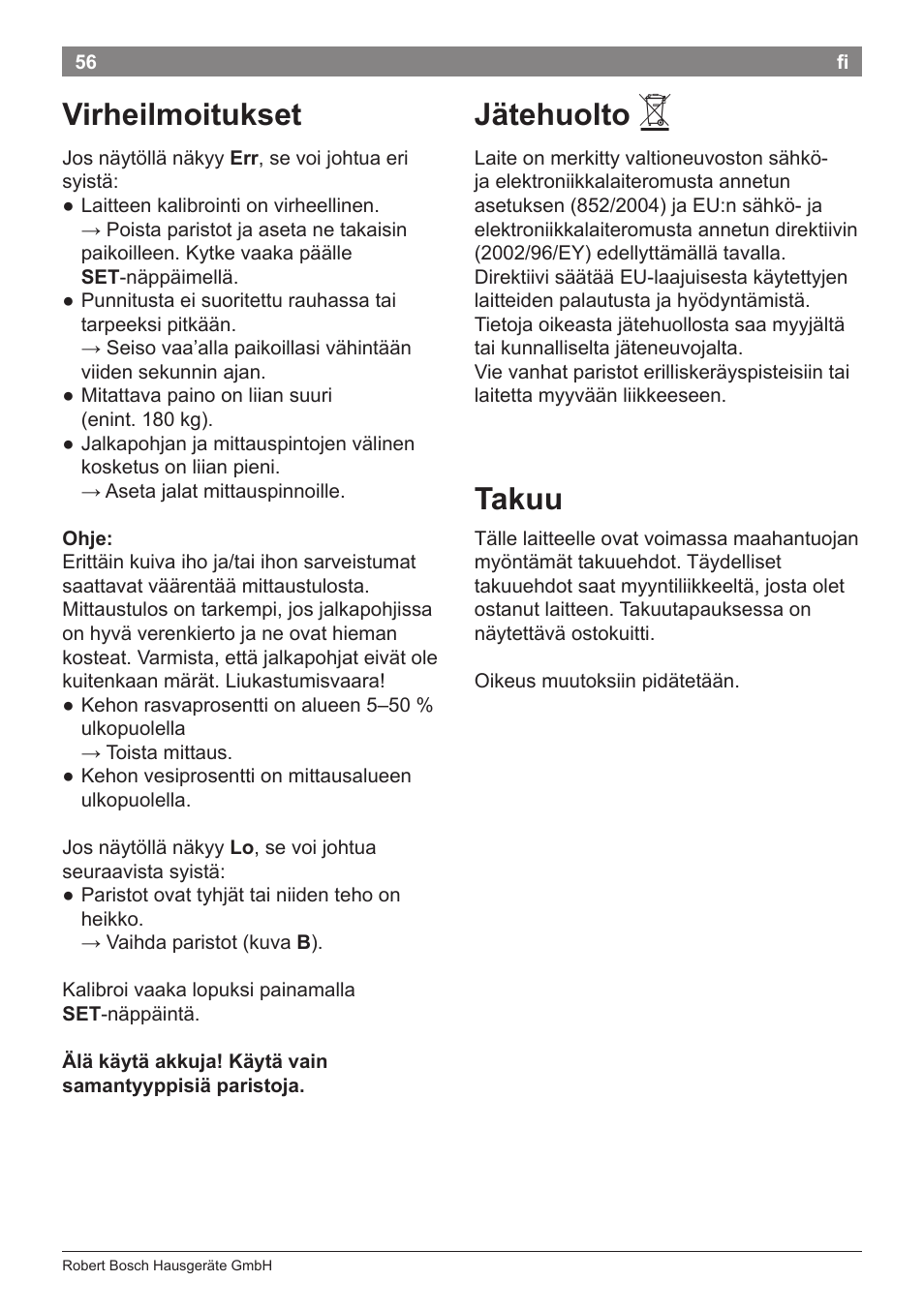 Virheilmoitukset, Jätehuolto, Takuu | Bosch PPW2360 Analysewaage elektronisch AxxenceAnalysis Graphic User Manual | Page 60 / 130