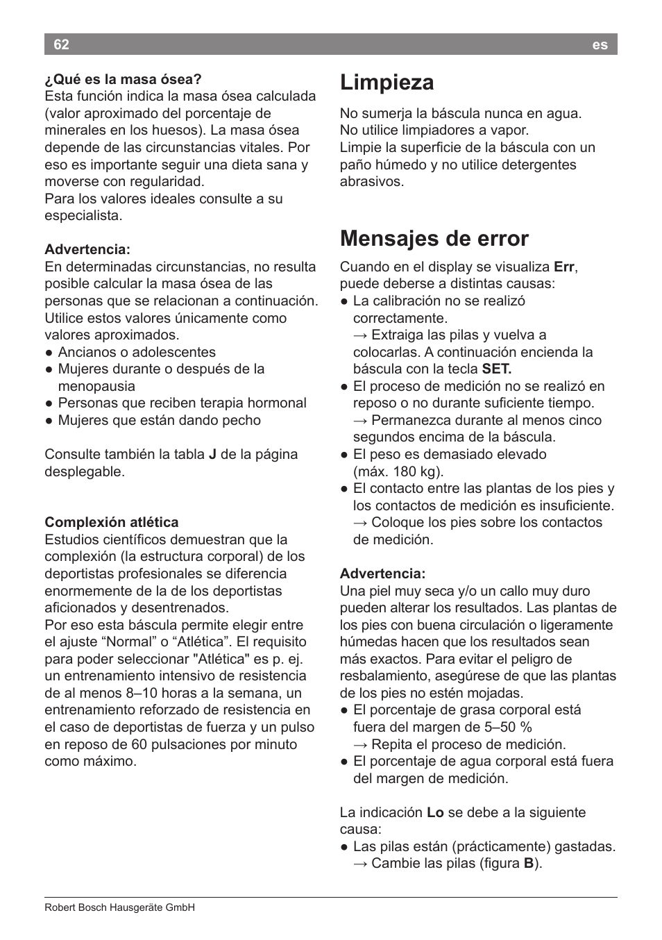 Limpieza, Mensajes de error | Bosch PPW2360 Analysewaage elektronisch AxxenceAnalysis Graphic User Manual | Page 66 / 130