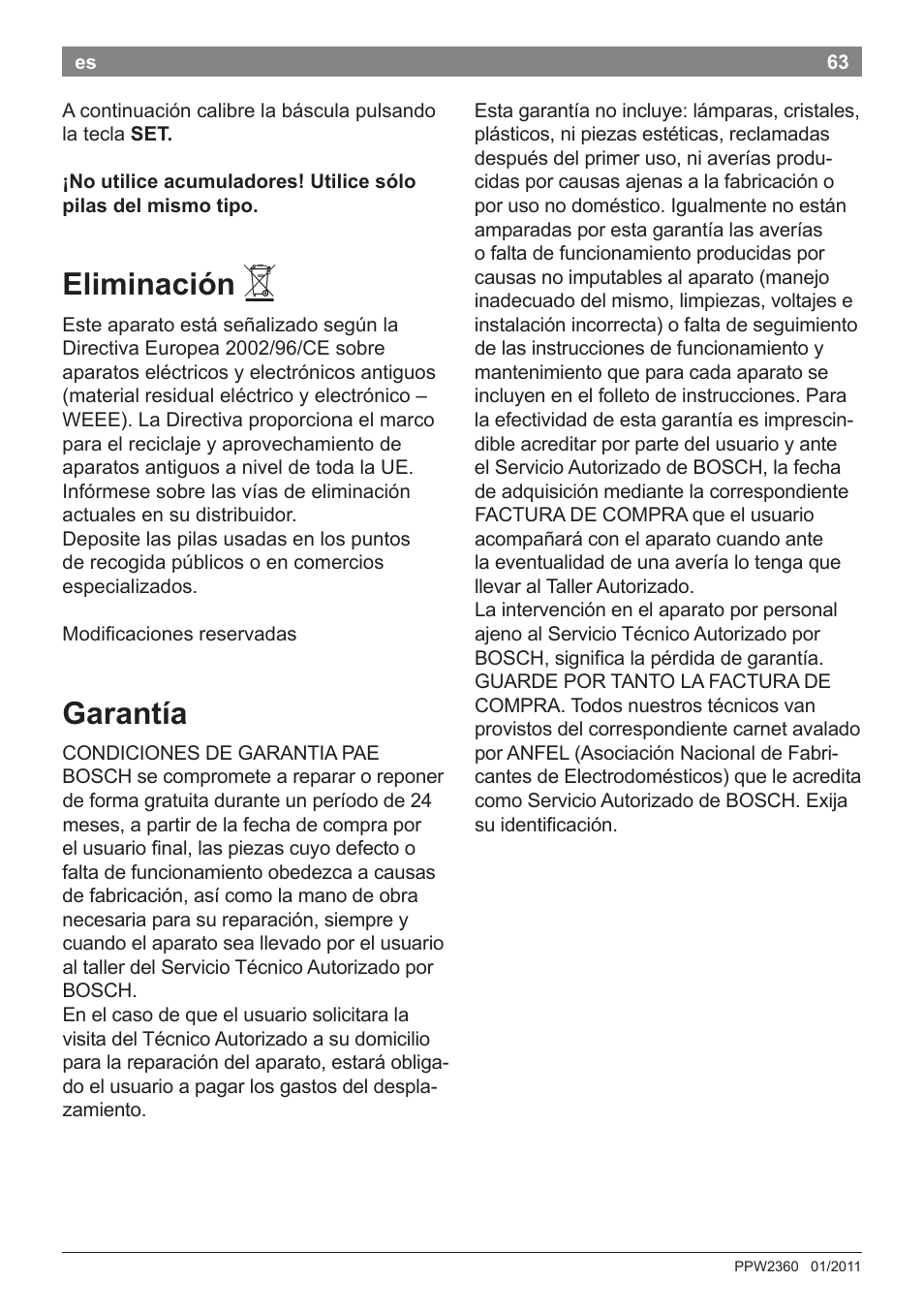 Eliminación, Garantía | Bosch PPW2360 Analysewaage elektronisch AxxenceAnalysis Graphic User Manual | Page 67 / 130