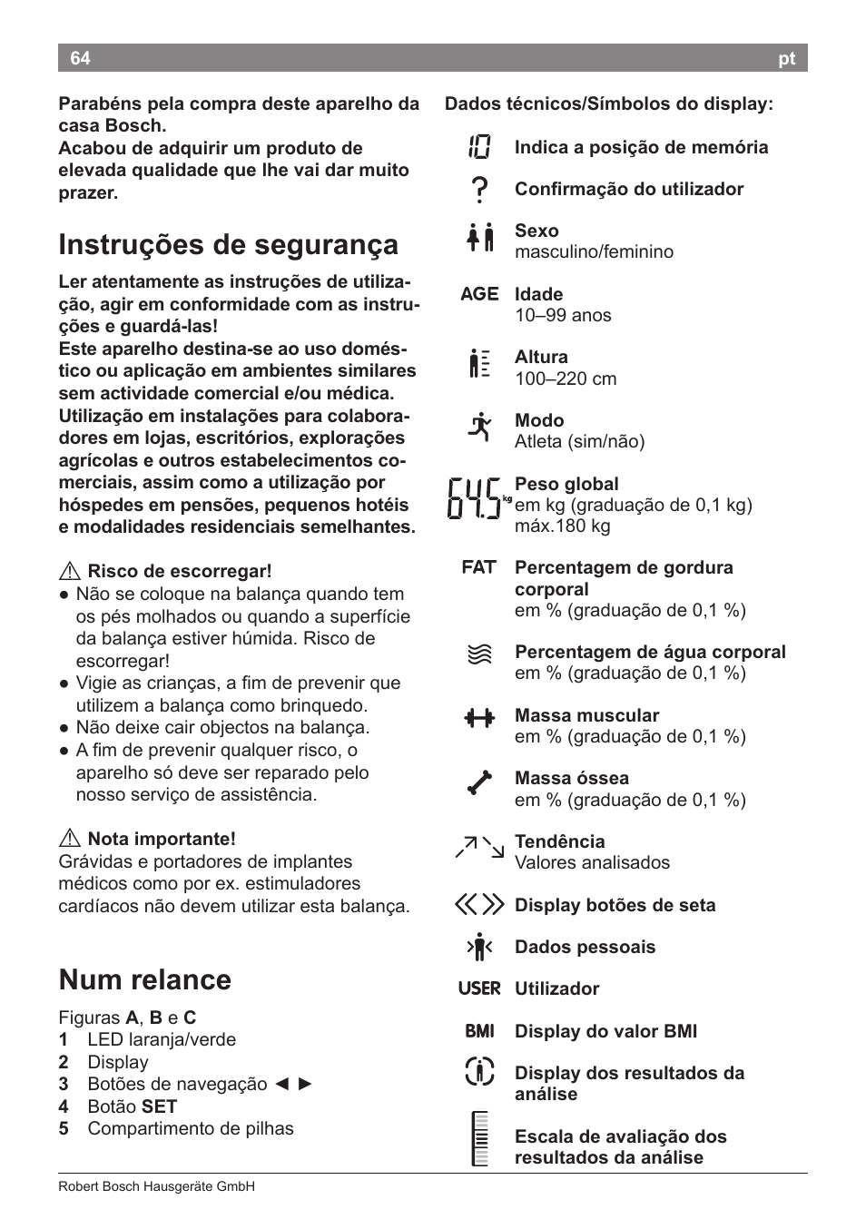 Instruções de segurança, Num relance | Bosch PPW2360 Analysewaage elektronisch AxxenceAnalysis Graphic User Manual | Page 68 / 130