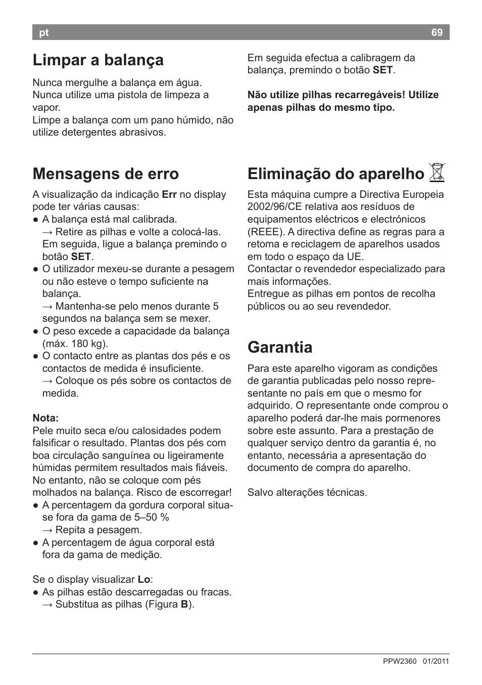 Limpar a balança, Mensagens de erro, Eliminação do aparelho | Garantia | Bosch PPW2360 Analysewaage elektronisch AxxenceAnalysis Graphic User Manual | Page 73 / 130