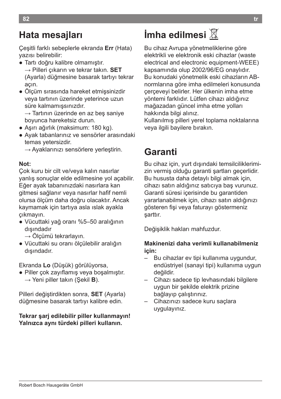 Hata mesajları, Imha edilmesi, Garanti | Bosch PPW2360 Analysewaage elektronisch AxxenceAnalysis Graphic User Manual | Page 86 / 130