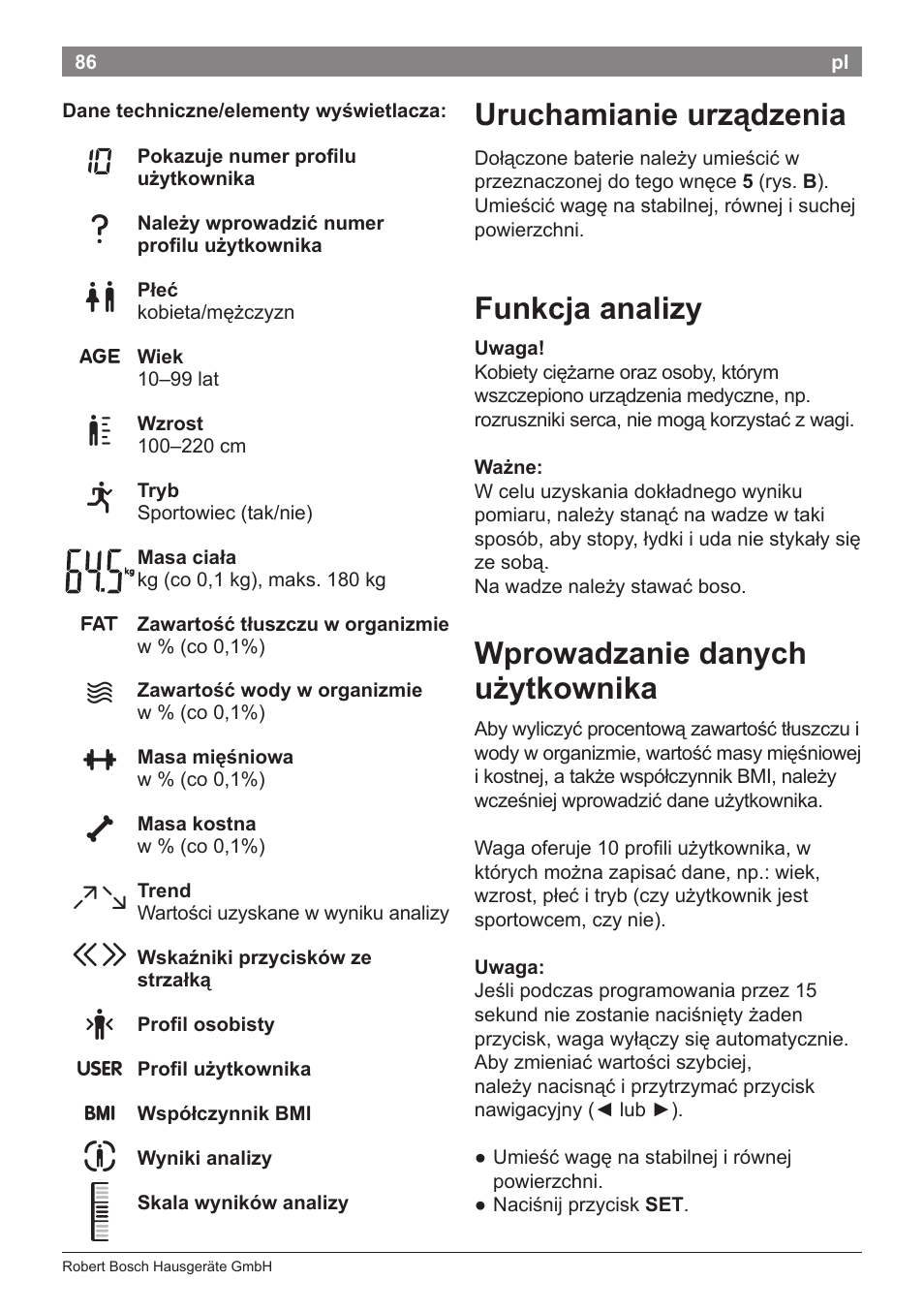 Uruchamianie urządzenia, Funkcja analizy, Wprowadzanie danych użytkownika | Bosch PPW2360 Analysewaage elektronisch AxxenceAnalysis Graphic User Manual | Page 90 / 130