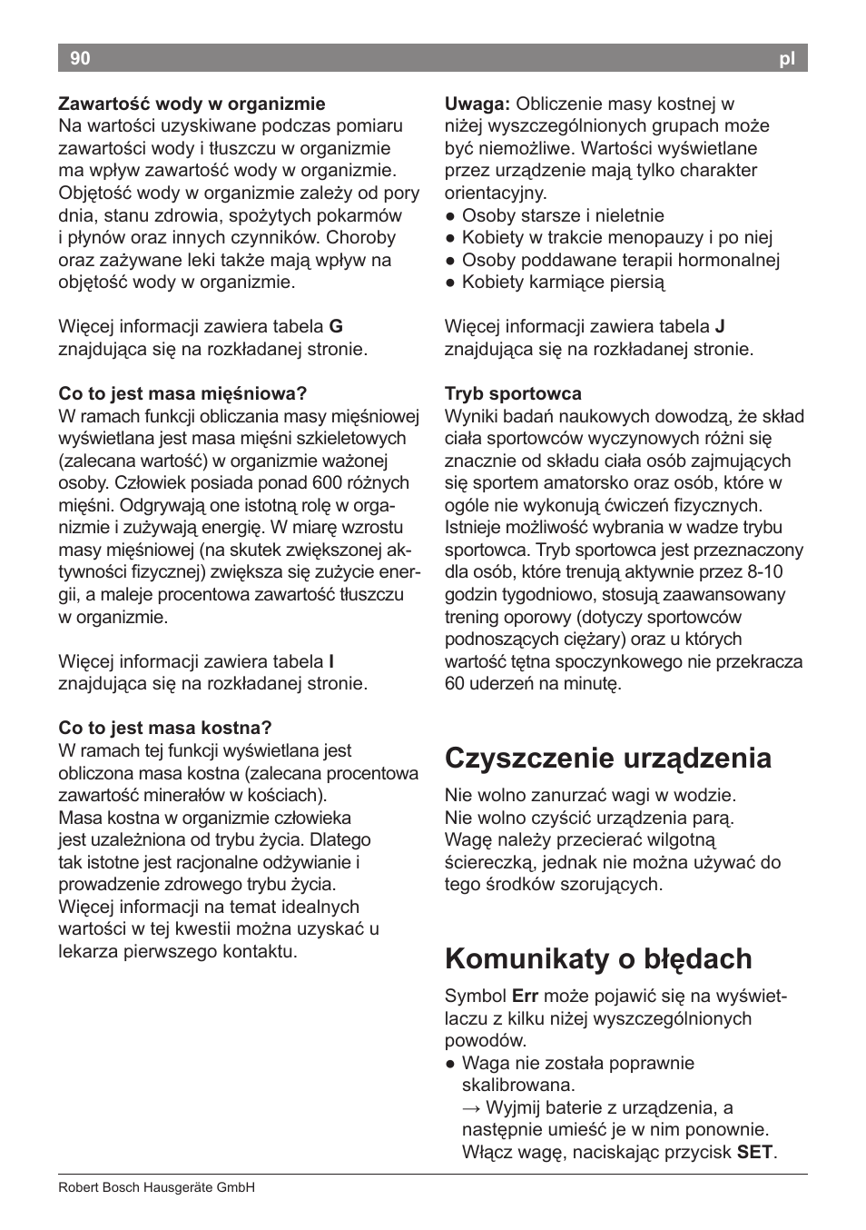 Czyszczenie urządzenia, Komunikaty o błędach | Bosch PPW2360 Analysewaage elektronisch AxxenceAnalysis Graphic User Manual | Page 94 / 130