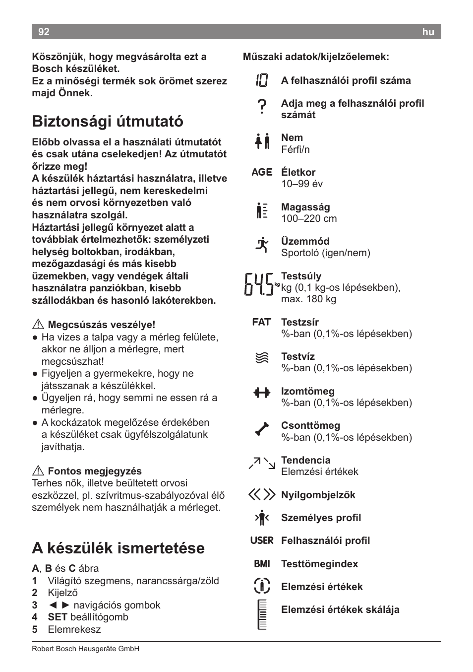 Biztonsági útmutató, A készülék ismertetése | Bosch PPW2360 Analysewaage elektronisch AxxenceAnalysis Graphic User Manual | Page 96 / 130