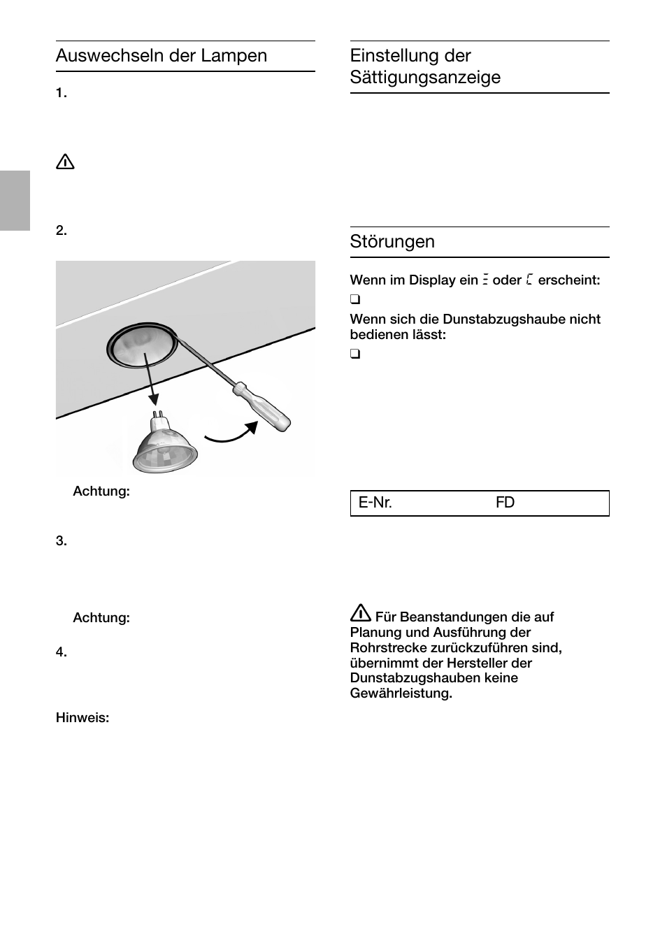 Auswechseln der lampen, Einstellung der sättigungsanzeige, Störungen | Bosch DIC046750 Edelstahl Inselesse 40 cm User Manual | Page 10 / 92