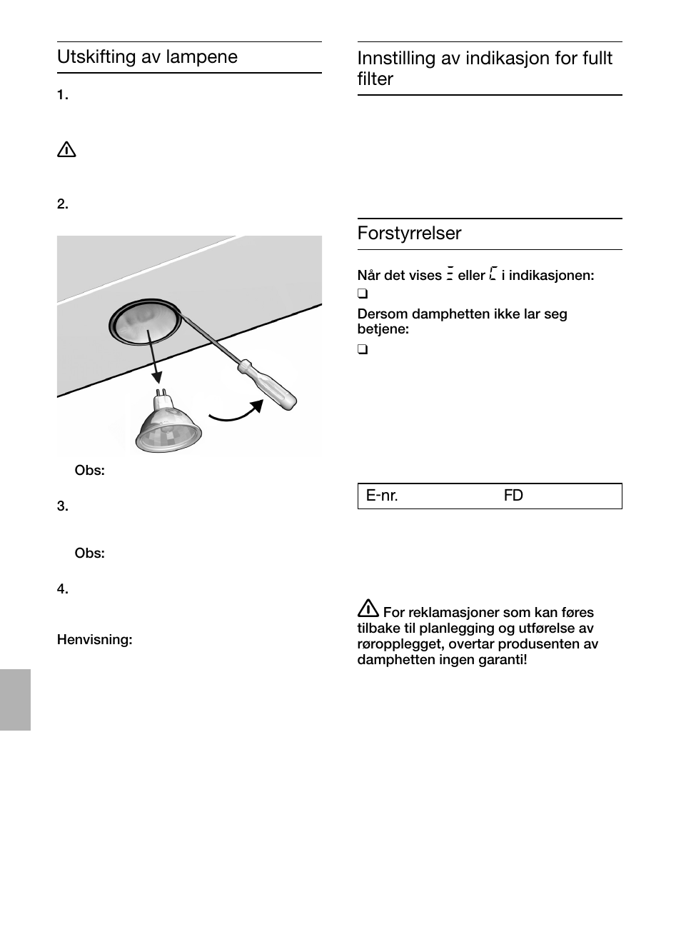 Utskifting av lampene forstyrrelser, Innstilling av indikasjon for fullt filter | Bosch DIC046750 Edelstahl Inselesse 40 cm User Manual | Page 74 / 92