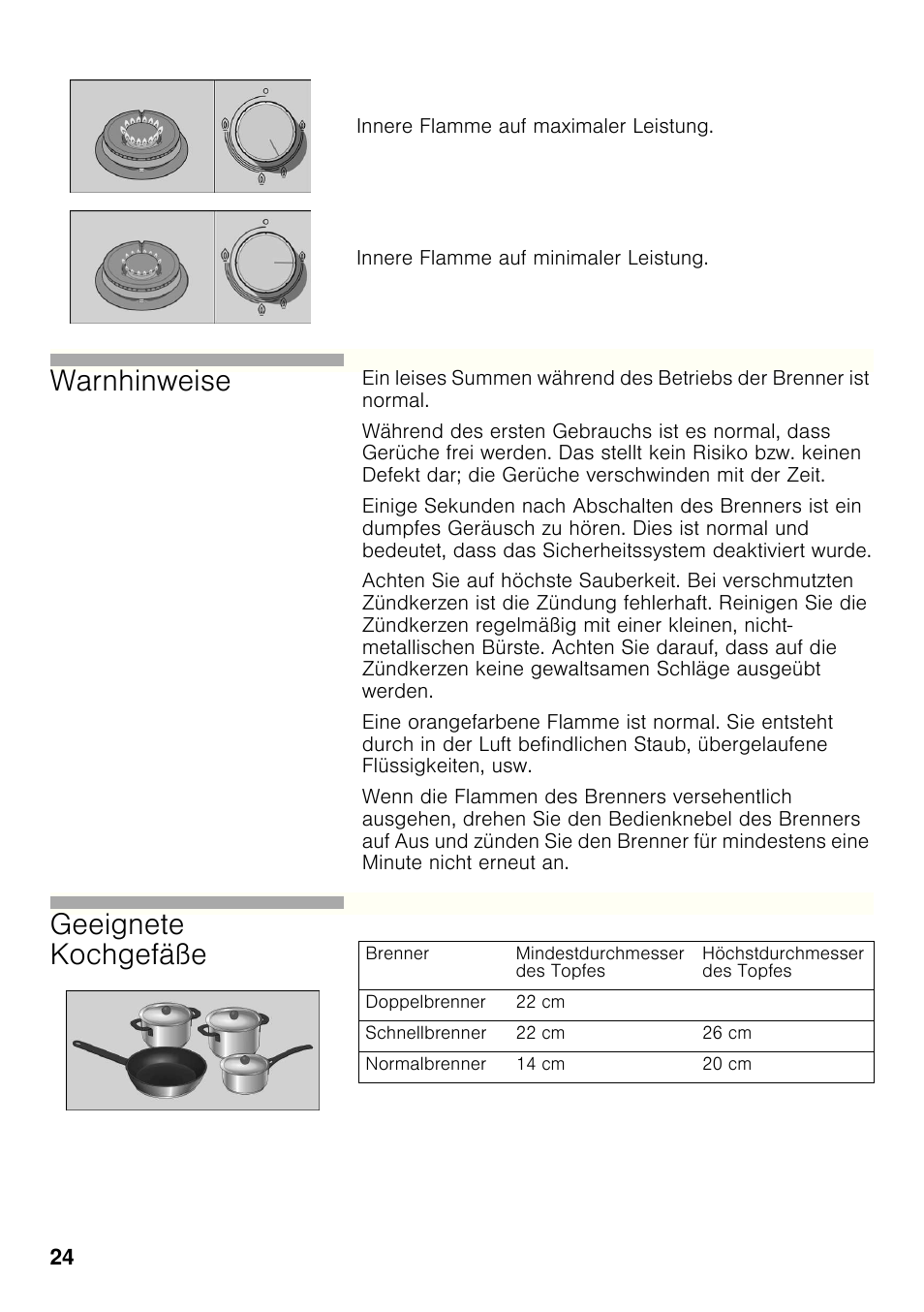 Warnhinweise, Geeignete kochgefäße | Bosch PRB326B70E Gas-Kochstelle Glaskeramik 30 cm User Manual | Page 23 / 98