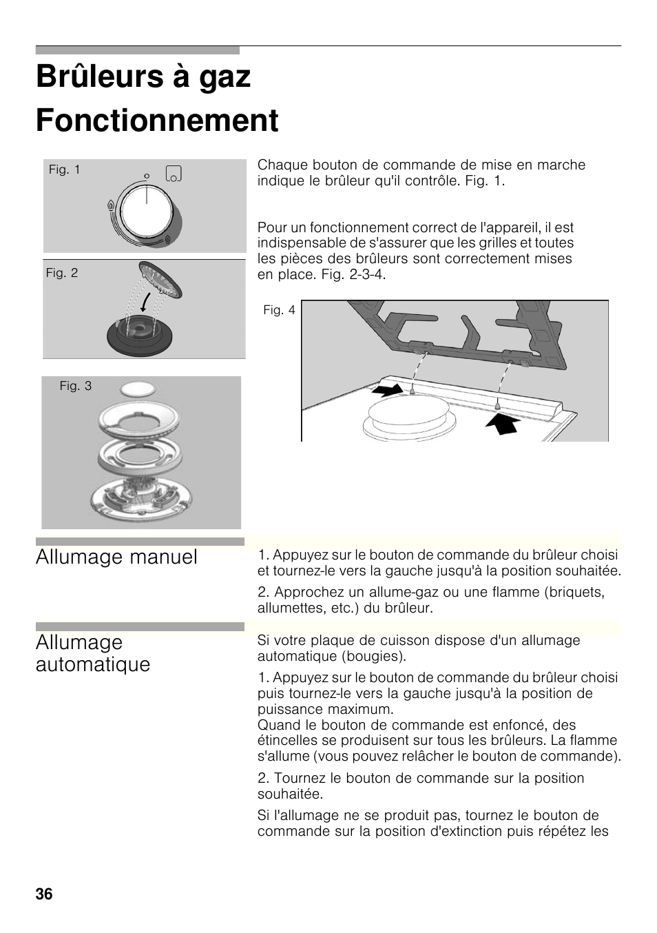 Fonctionnement, Brûleurs à gaz fonctionnement, Allumage manuel | Allumage automatique | Bosch PRB326B70E Gas-Kochstelle Glaskeramik 30 cm User Manual | Page 35 / 98