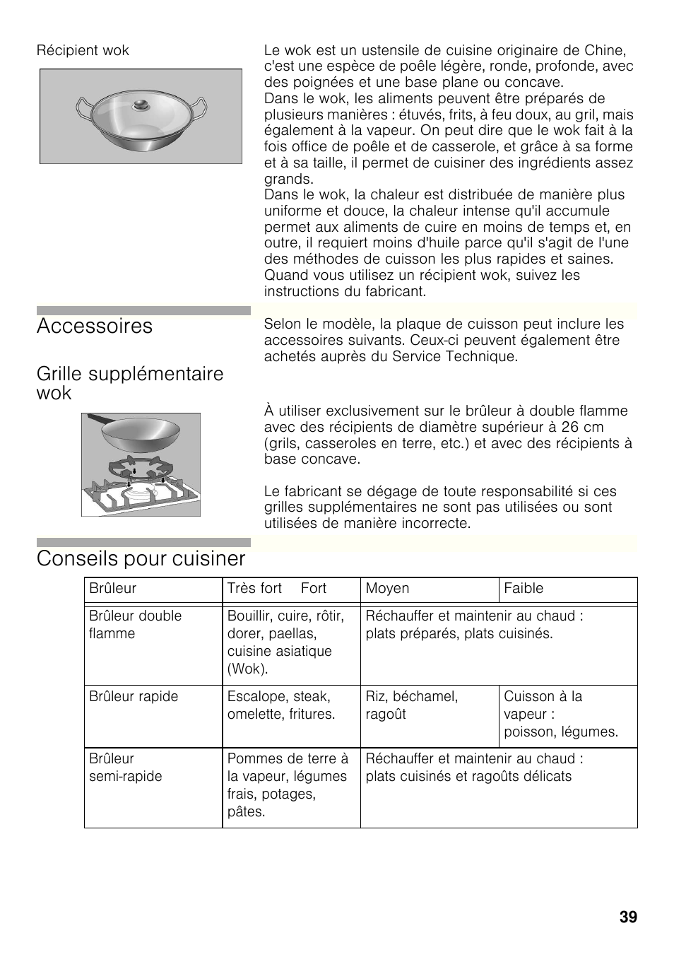 Récipient wok, Grille supplémentaire wok, Accessoires | Conseils pour cuisiner | Bosch PRB326B70E Gas-Kochstelle Glaskeramik 30 cm User Manual | Page 38 / 98