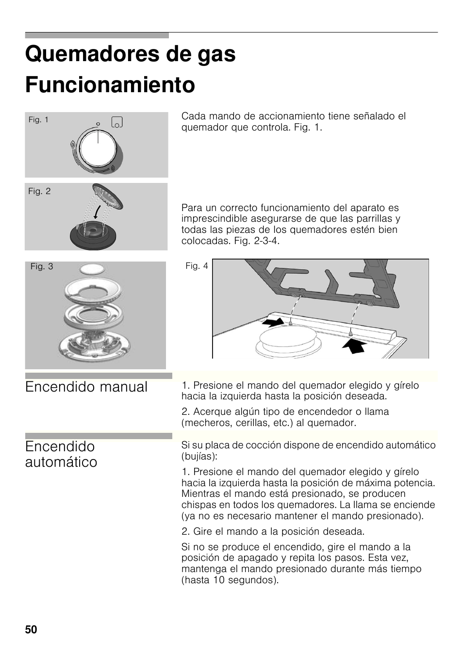 Funcionamiento, Quemadores de gas funcionamiento, Encendido manual | Encendido automático | Bosch PRB326B70E Gas-Kochstelle Glaskeramik 30 cm User Manual | Page 49 / 98