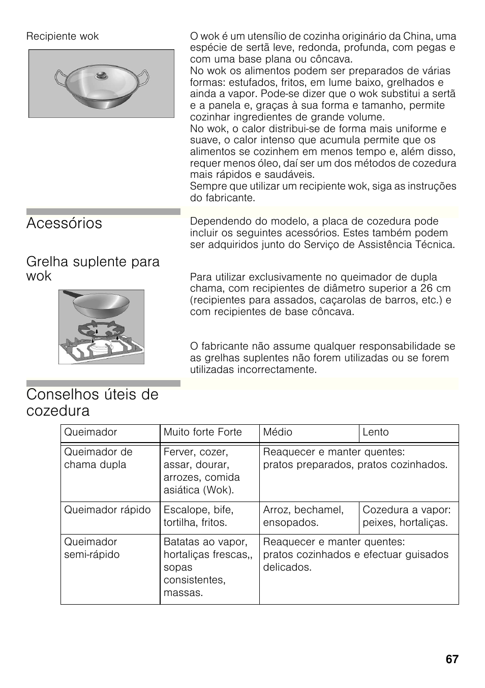 Recipiente wok, Grelha suplente para wok, Acessórios | Conselhos úteis de cozedura | Bosch PRB326B70E Gas-Kochstelle Glaskeramik 30 cm User Manual | Page 66 / 98