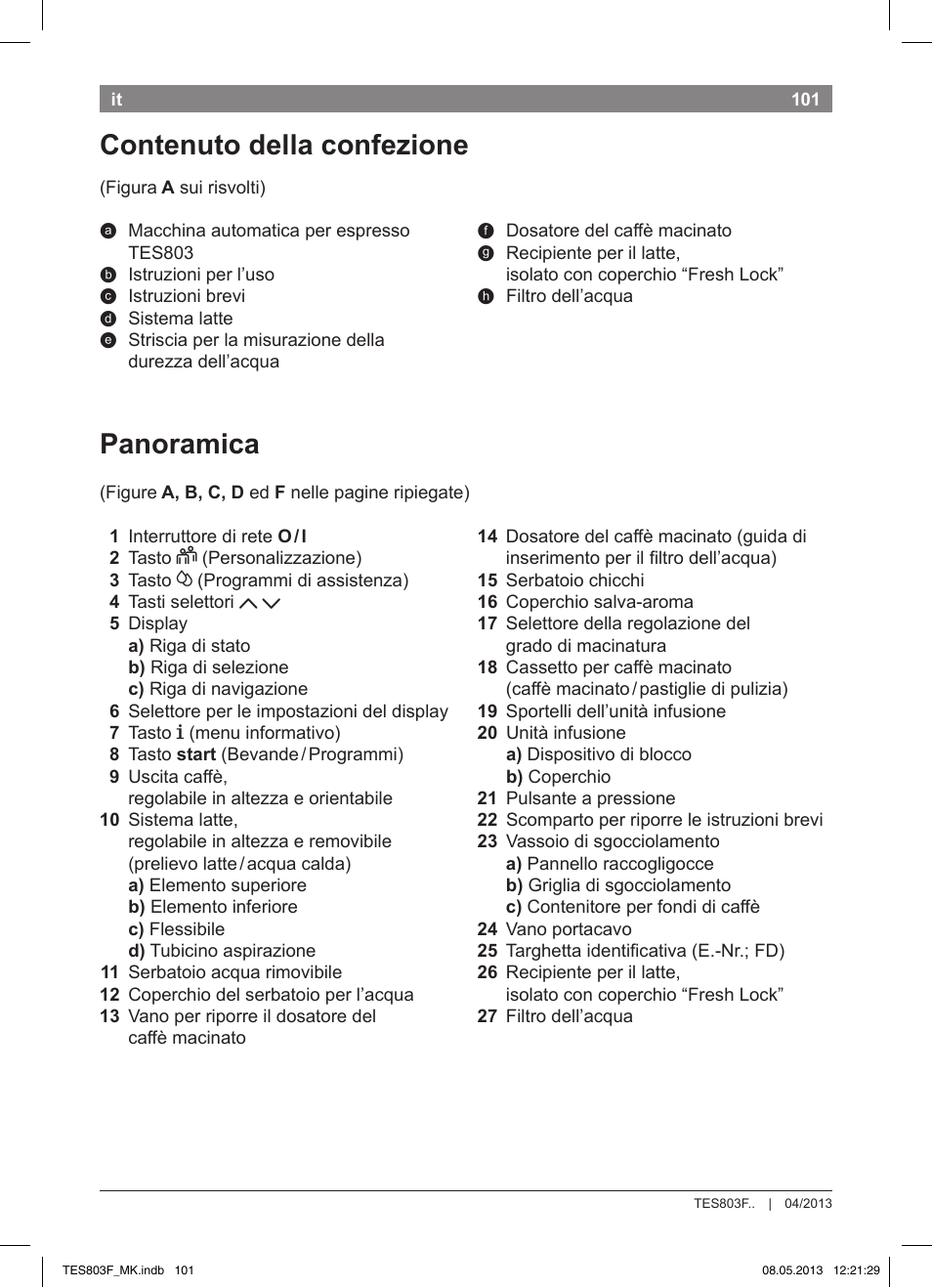 Panoramica, Contenuto della confezione | Bosch TES803F9DE VeroSelection exclusiv Kaffeevollautomat Front Edelstahl Gehäuse hochglanz anthrazit User Manual | Page 105 / 132