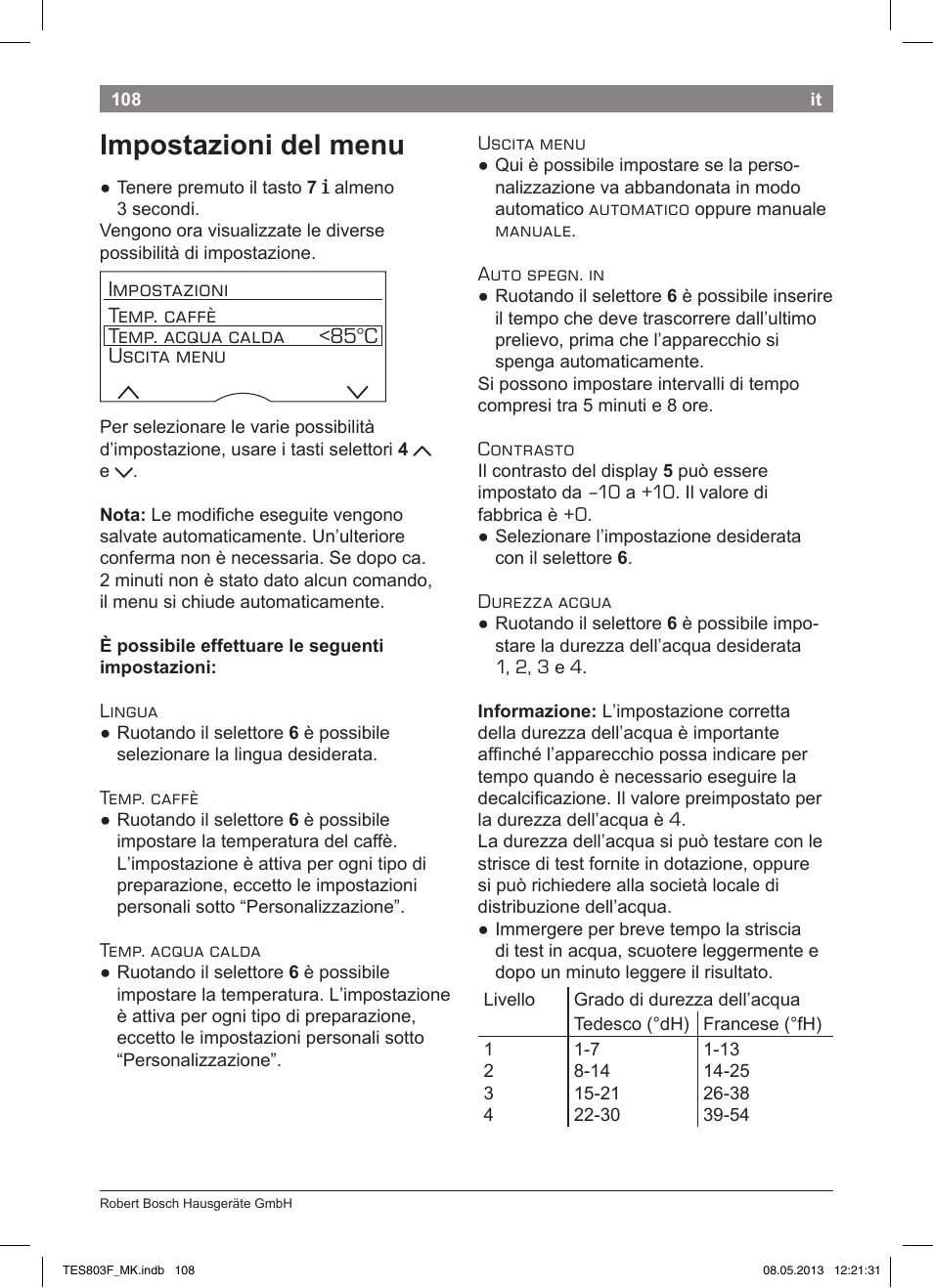 Impostazioni del menu | Bosch TES803F9DE VeroSelection exclusiv Kaffeevollautomat Front Edelstahl Gehäuse hochglanz anthrazit User Manual | Page 112 / 132