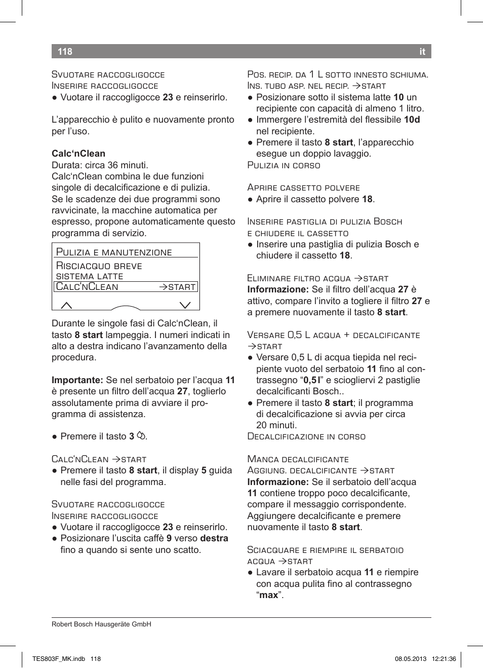 Start | Bosch TES803F9DE VeroSelection exclusiv Kaffeevollautomat Front Edelstahl Gehäuse hochglanz anthrazit User Manual | Page 122 / 132