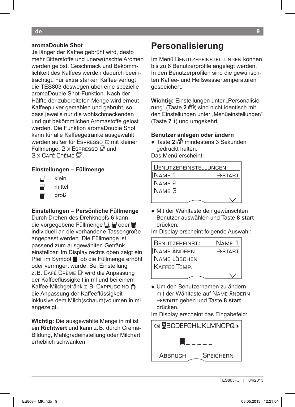 Personalisierung | Bosch TES803F9DE VeroSelection exclusiv Kaffeevollautomat Front Edelstahl Gehäuse hochglanz anthrazit User Manual | Page 13 / 132