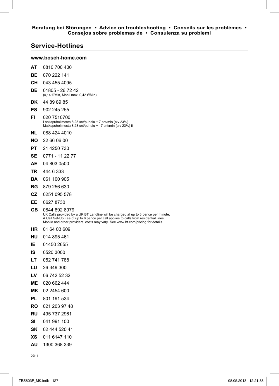 Bosch-infoteam, Garantiebedingungen, Service-hotlines | Bosch TES803F9DE VeroSelection exclusiv Kaffeevollautomat Front Edelstahl Gehäuse hochglanz anthrazit User Manual | Page 131 / 132