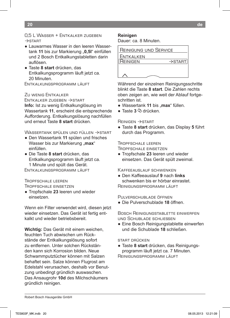 Reinigung und service entkalken reinigen, Start | Bosch TES803F9DE VeroSelection exclusiv Kaffeevollautomat Front Edelstahl Gehäuse hochglanz anthrazit User Manual | Page 24 / 132
