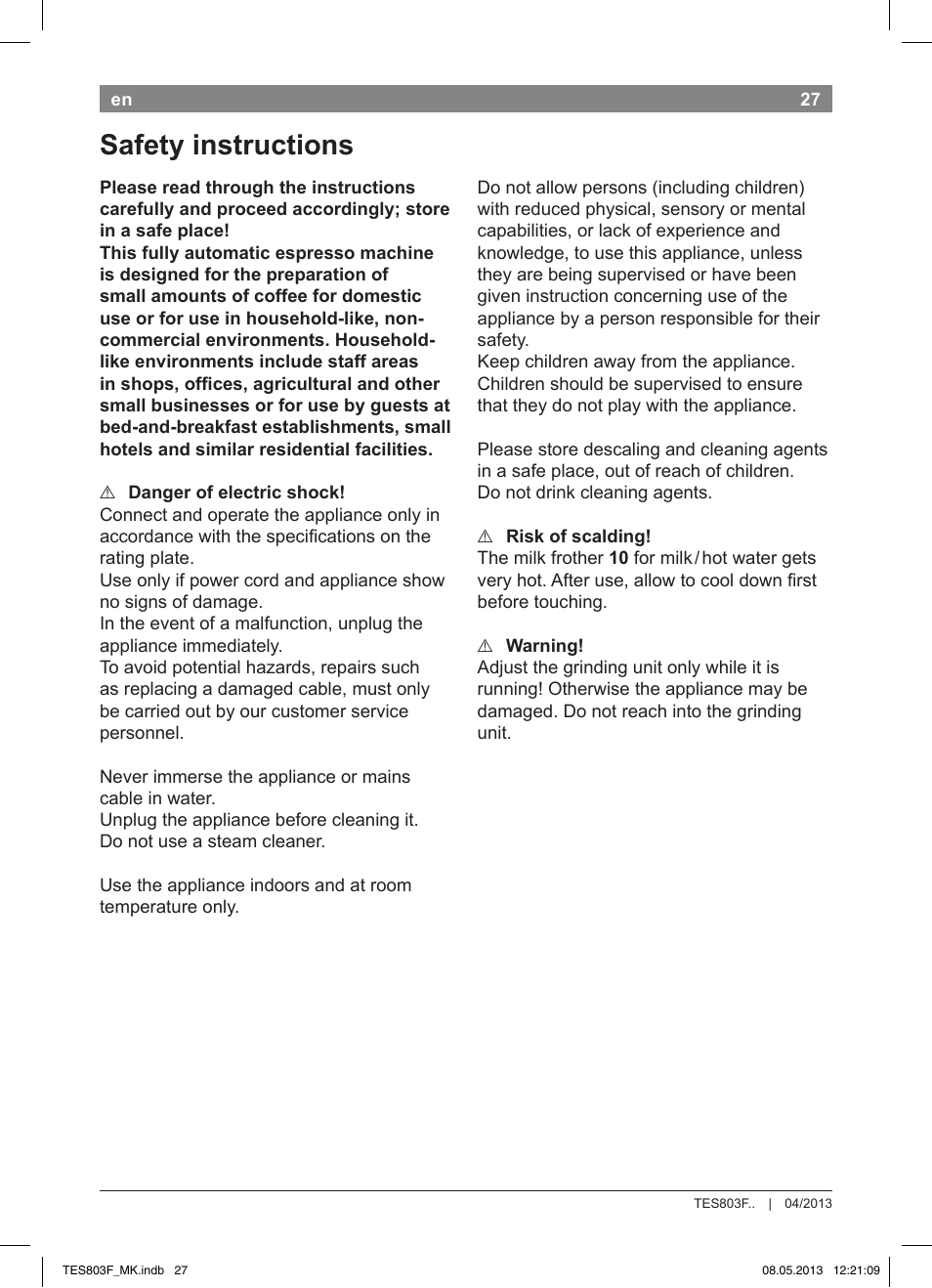 Safety instructions | Bosch TES803F9DE VeroSelection exclusiv Kaffeevollautomat Front Edelstahl Gehäuse hochglanz anthrazit User Manual | Page 31 / 132