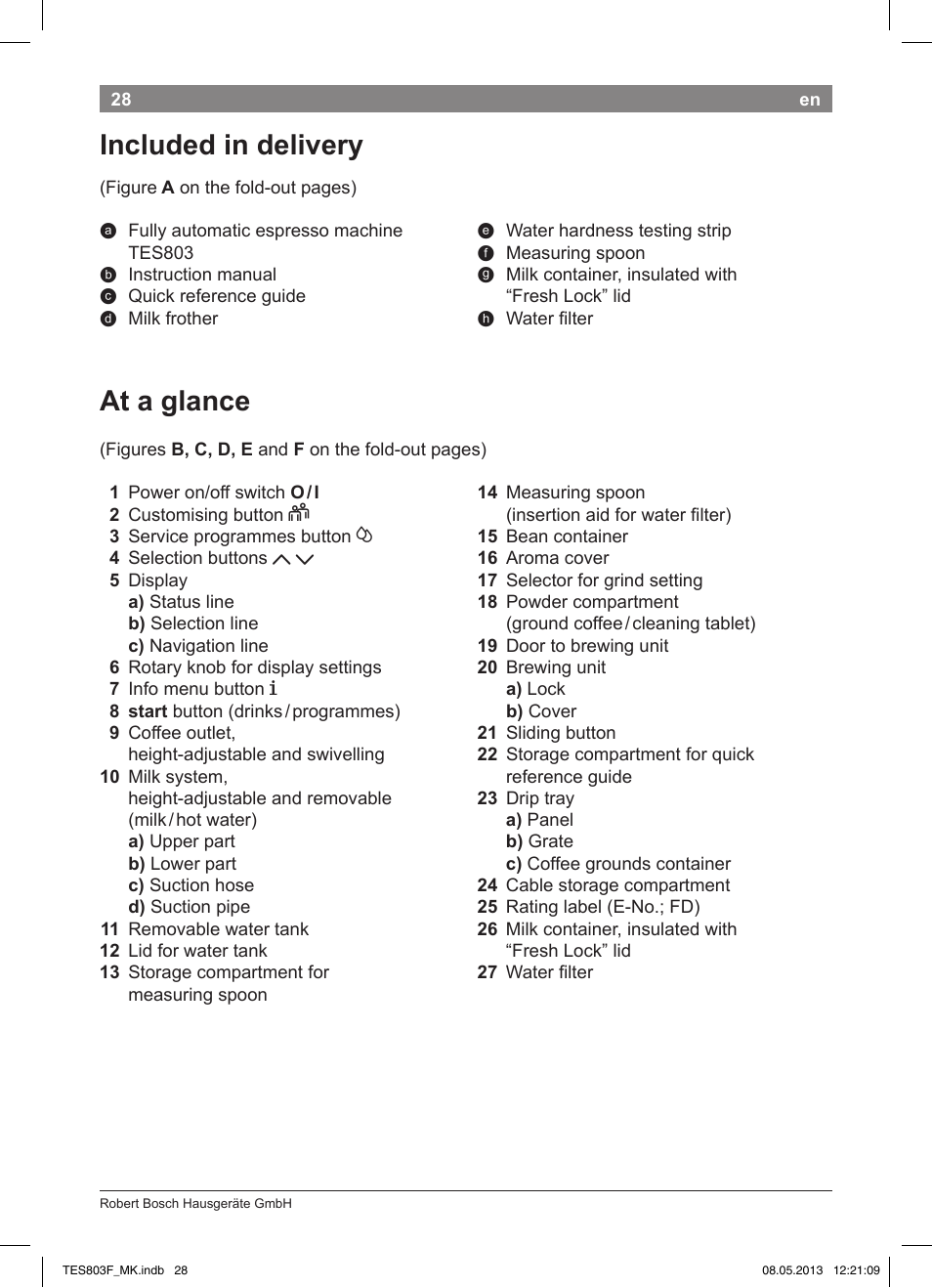 Included in delivery, At a glance | Bosch TES803F9DE VeroSelection exclusiv Kaffeevollautomat Front Edelstahl Gehäuse hochglanz anthrazit User Manual | Page 32 / 132