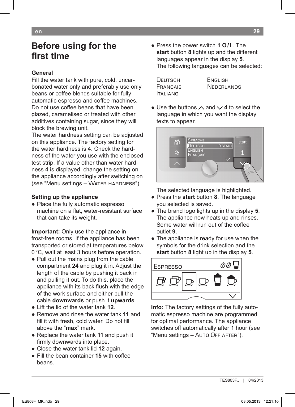 Before using for the fi rst time | Bosch TES803F9DE VeroSelection exclusiv Kaffeevollautomat Front Edelstahl Gehäuse hochglanz anthrazit User Manual | Page 33 / 132