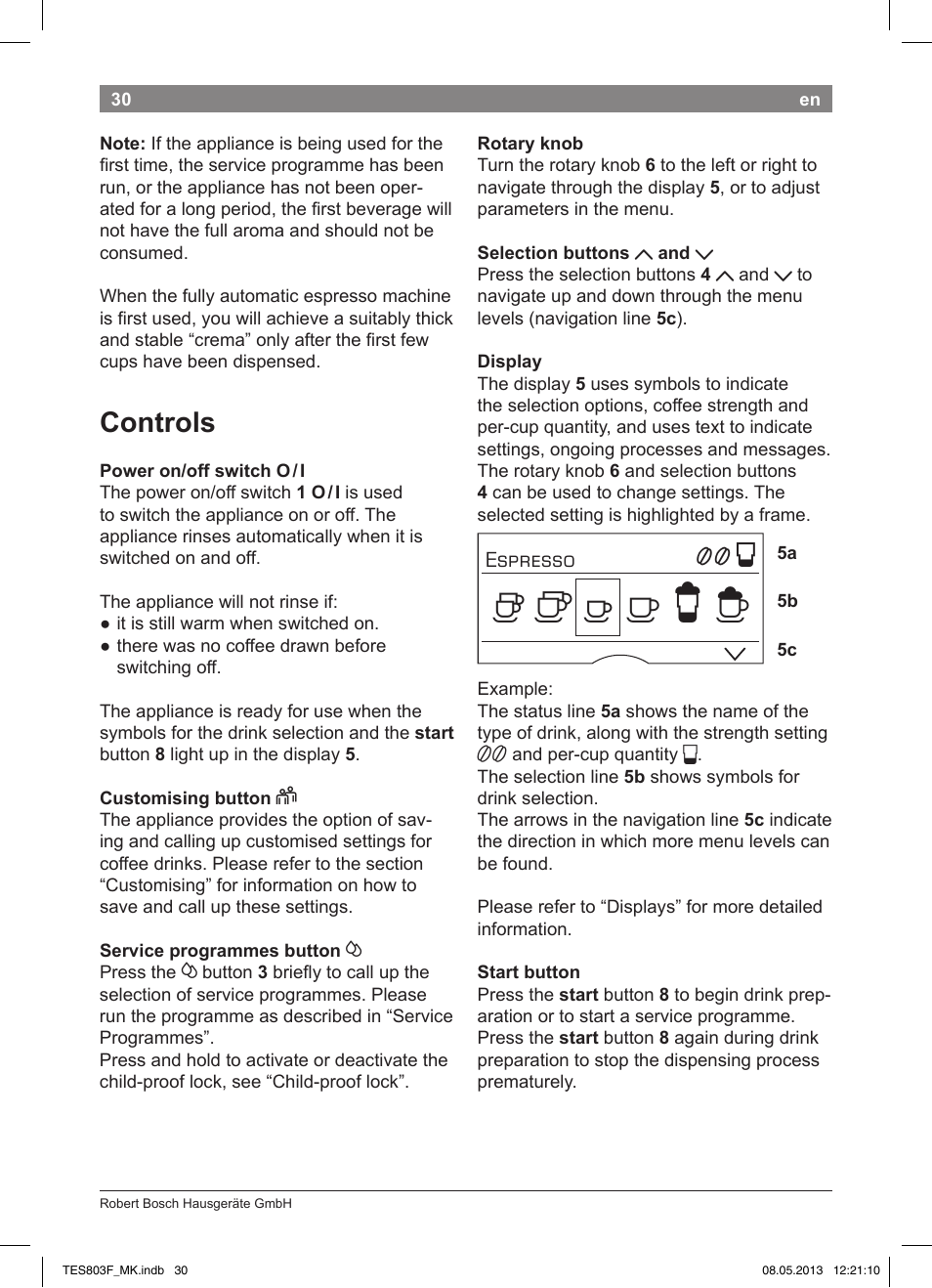 Controls | Bosch TES803F9DE VeroSelection exclusiv Kaffeevollautomat Front Edelstahl Gehäuse hochglanz anthrazit User Manual | Page 34 / 132