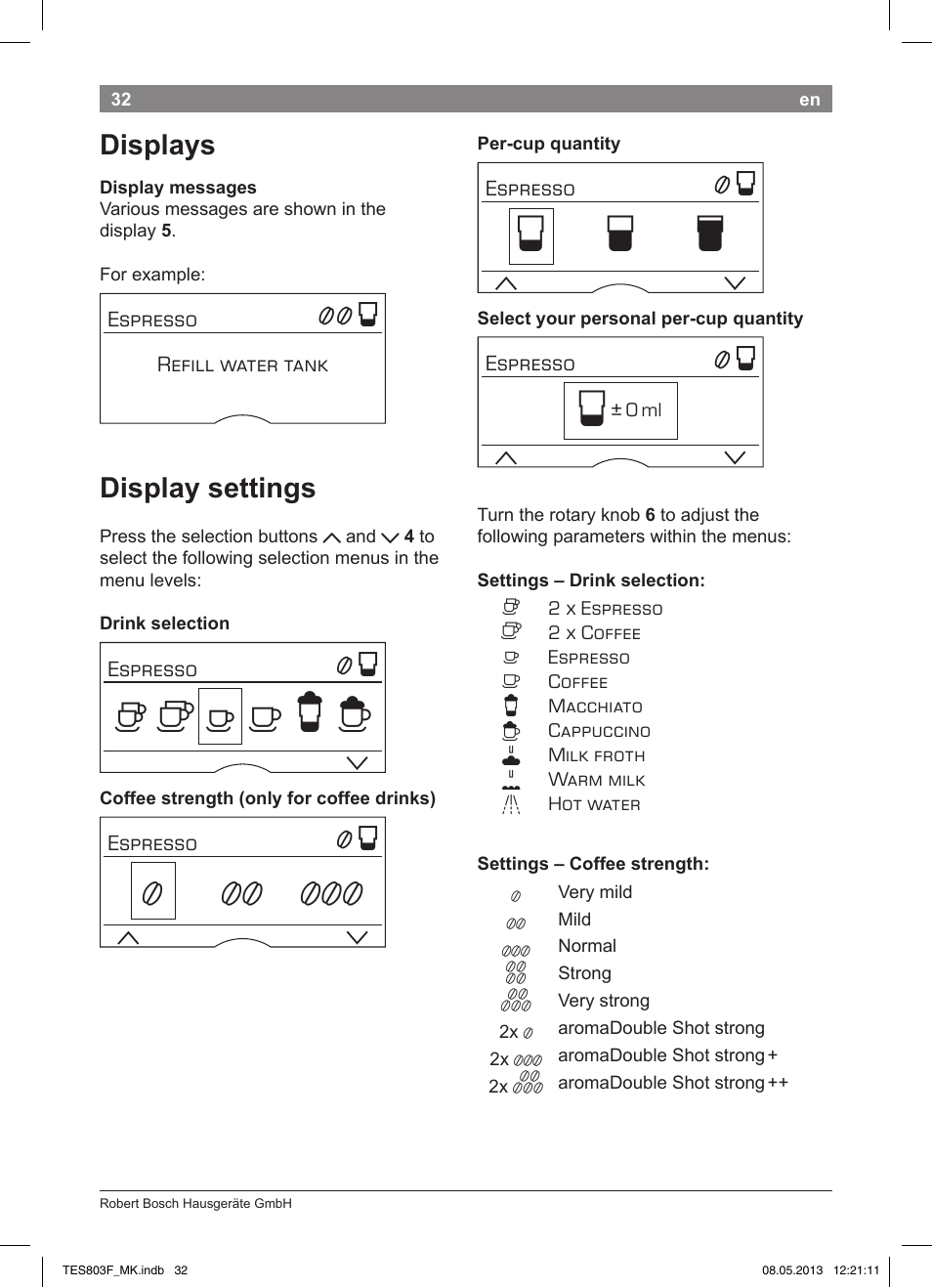 Но р т | Bosch TES803F9DE VeroSelection exclusiv Kaffeevollautomat Front Edelstahl Gehäuse hochglanz anthrazit User Manual | Page 36 / 132