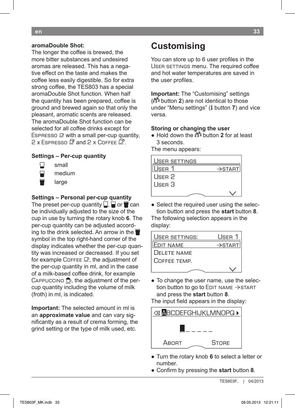 Customising | Bosch TES803F9DE VeroSelection exclusiv Kaffeevollautomat Front Edelstahl Gehäuse hochglanz anthrazit User Manual | Page 37 / 132
