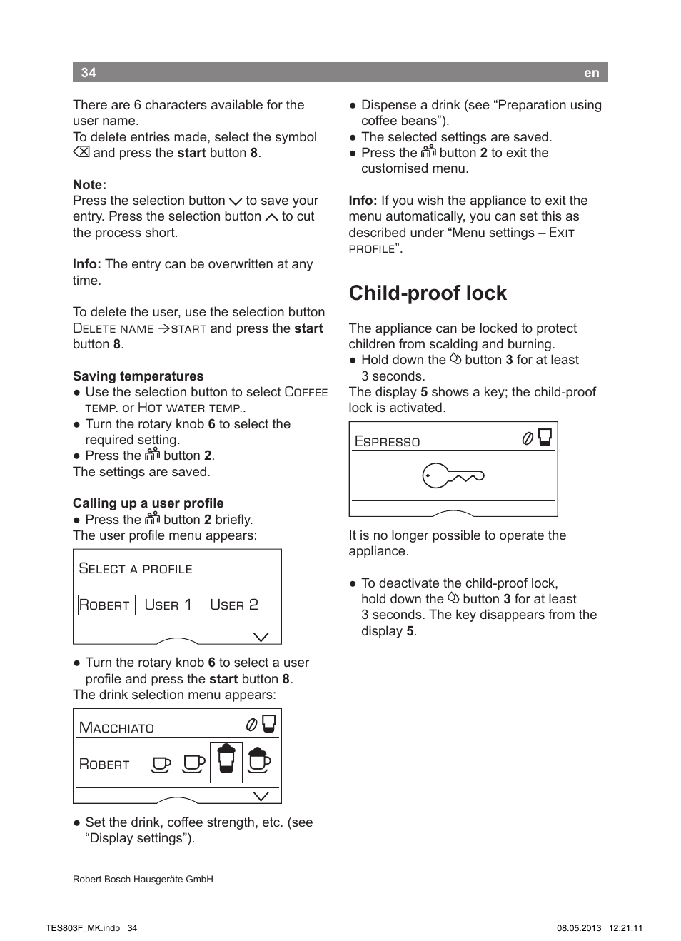 А б е ж, Child-proof lock | Bosch TES803F9DE VeroSelection exclusiv Kaffeevollautomat Front Edelstahl Gehäuse hochglanz anthrazit User Manual | Page 38 / 132