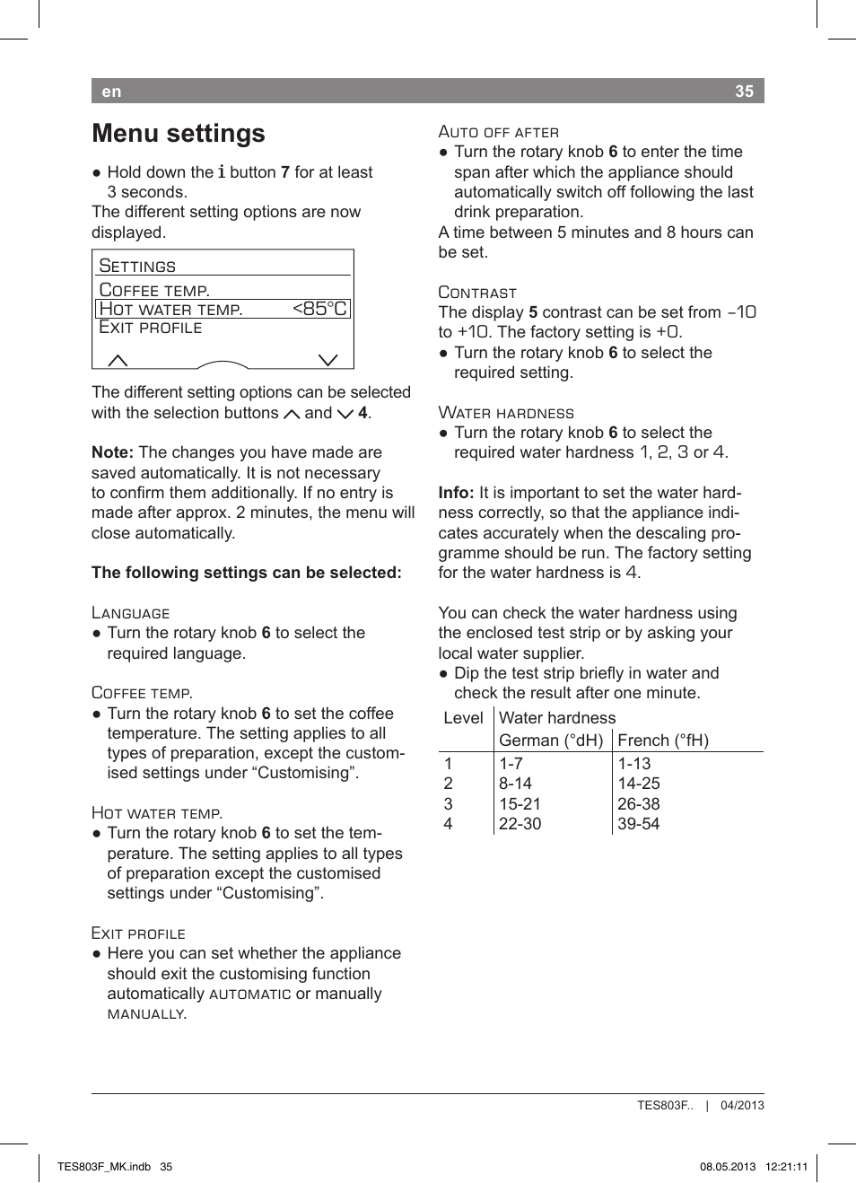 Menu settings | Bosch TES803F9DE VeroSelection exclusiv Kaffeevollautomat Front Edelstahl Gehäuse hochglanz anthrazit User Manual | Page 39 / 132