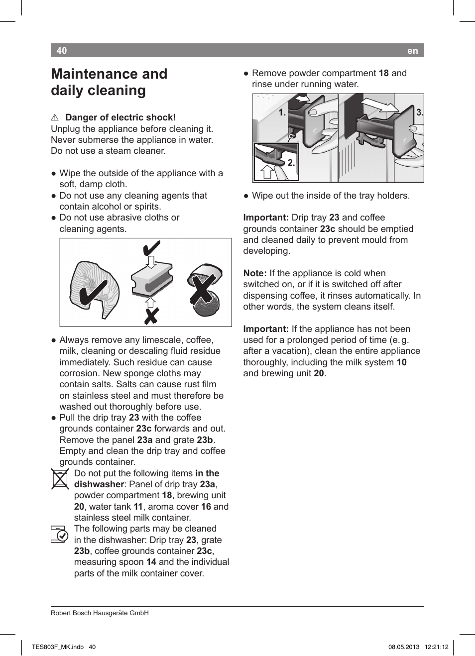 Maintenance and daily cleaning | Bosch TES803F9DE VeroSelection exclusiv Kaffeevollautomat Front Edelstahl Gehäuse hochglanz anthrazit User Manual | Page 44 / 132