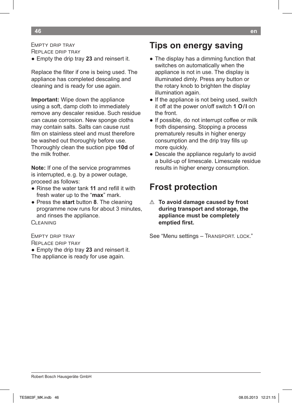 Tips on energy saving, Frost protection | Bosch TES803F9DE VeroSelection exclusiv Kaffeevollautomat Front Edelstahl Gehäuse hochglanz anthrazit User Manual | Page 50 / 132