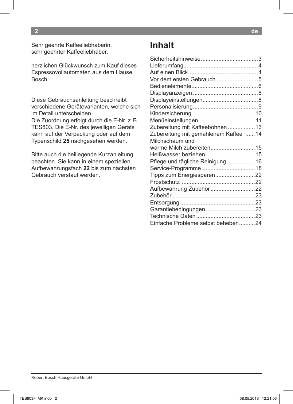 Inhalt | Bosch TES803F9DE VeroSelection exclusiv Kaffeevollautomat Front Edelstahl Gehäuse hochglanz anthrazit User Manual | Page 6 / 132