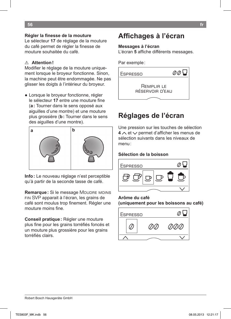 Affi chages à l’écran, Réglages de l’écran | Bosch TES803F9DE VeroSelection exclusiv Kaffeevollautomat Front Edelstahl Gehäuse hochglanz anthrazit User Manual | Page 60 / 132