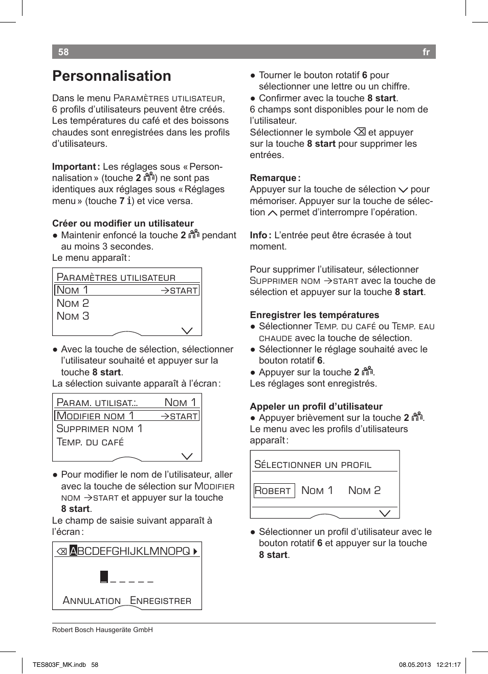 Personnalisation | Bosch TES803F9DE VeroSelection exclusiv Kaffeevollautomat Front Edelstahl Gehäuse hochglanz anthrazit User Manual | Page 62 / 132