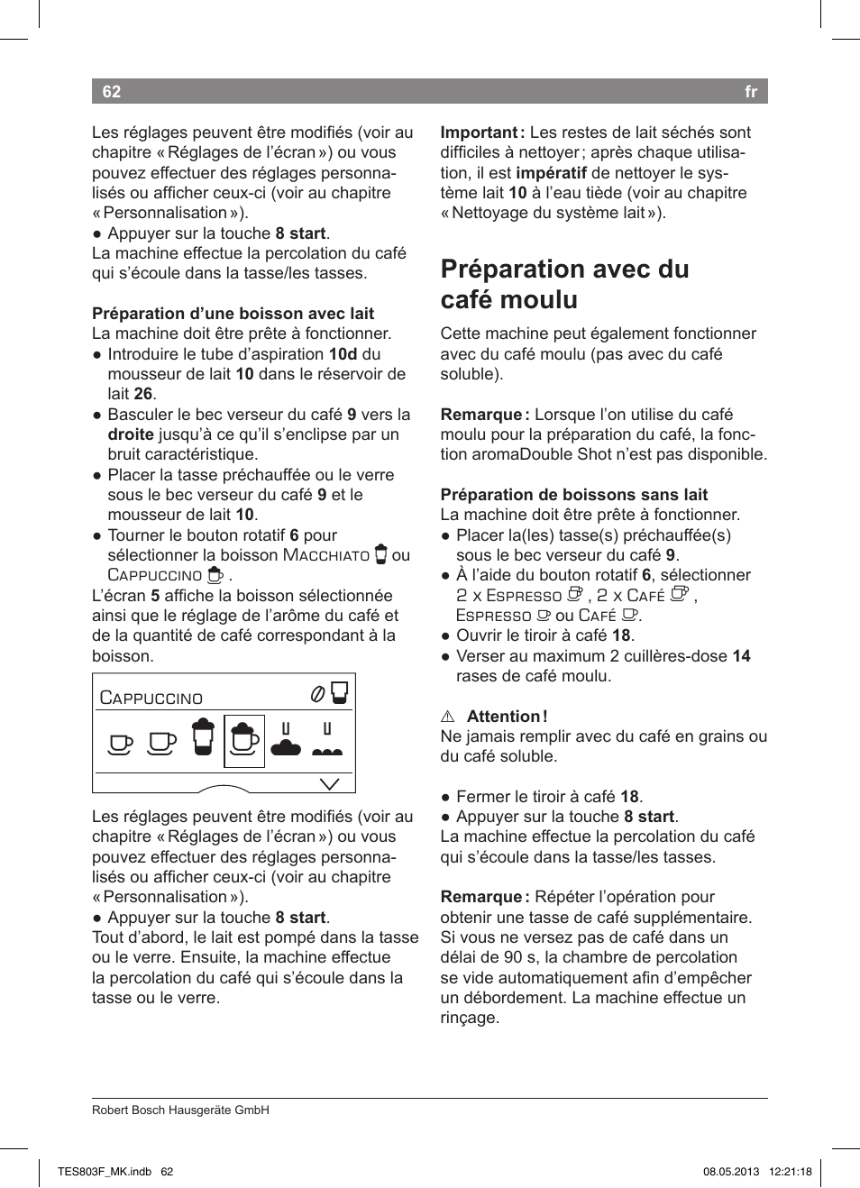 Préparation avec du café moulu | Bosch TES803F9DE VeroSelection exclusiv Kaffeevollautomat Front Edelstahl Gehäuse hochglanz anthrazit User Manual | Page 66 / 132