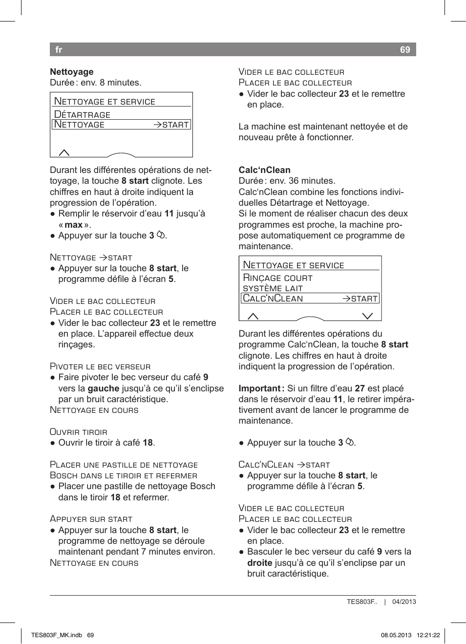 Nettoyage et service détartrage nettoyage, Start | Bosch TES803F9DE VeroSelection exclusiv Kaffeevollautomat Front Edelstahl Gehäuse hochglanz anthrazit User Manual | Page 73 / 132