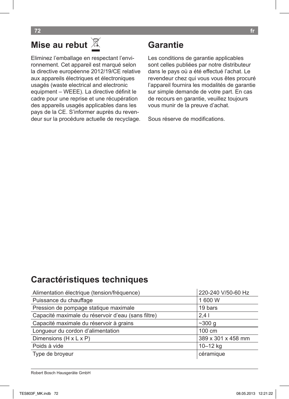 Mise au rebut, Garantie, Caractéristiques techniques | Bosch TES803F9DE VeroSelection exclusiv Kaffeevollautomat Front Edelstahl Gehäuse hochglanz anthrazit User Manual | Page 76 / 132