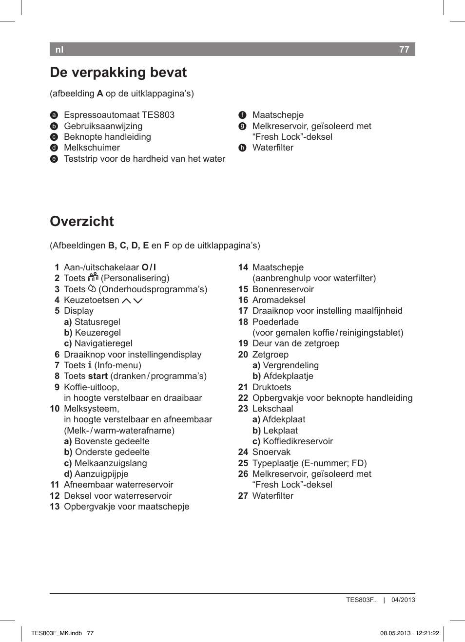 Overzicht, De verpakking bevat | Bosch TES803F9DE VeroSelection exclusiv Kaffeevollautomat Front Edelstahl Gehäuse hochglanz anthrazit User Manual | Page 81 / 132