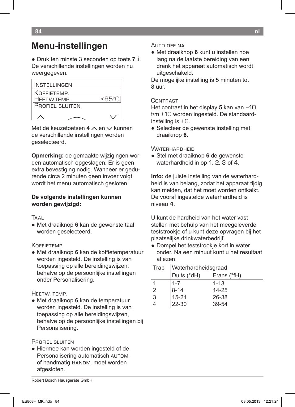 Menu-instellingen | Bosch TES803F9DE VeroSelection exclusiv Kaffeevollautomat Front Edelstahl Gehäuse hochglanz anthrazit User Manual | Page 88 / 132