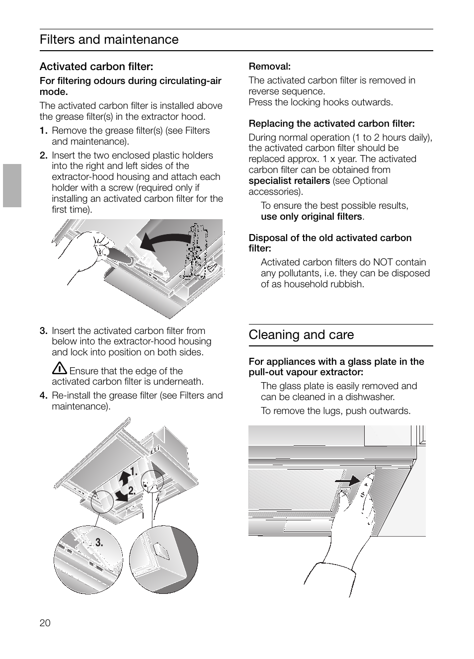 Filters and maintenance, Cleaning and care | Bosch DHI645H grau-metallic Flachschirmhaube 60 cm User Manual | Page 20 / 96