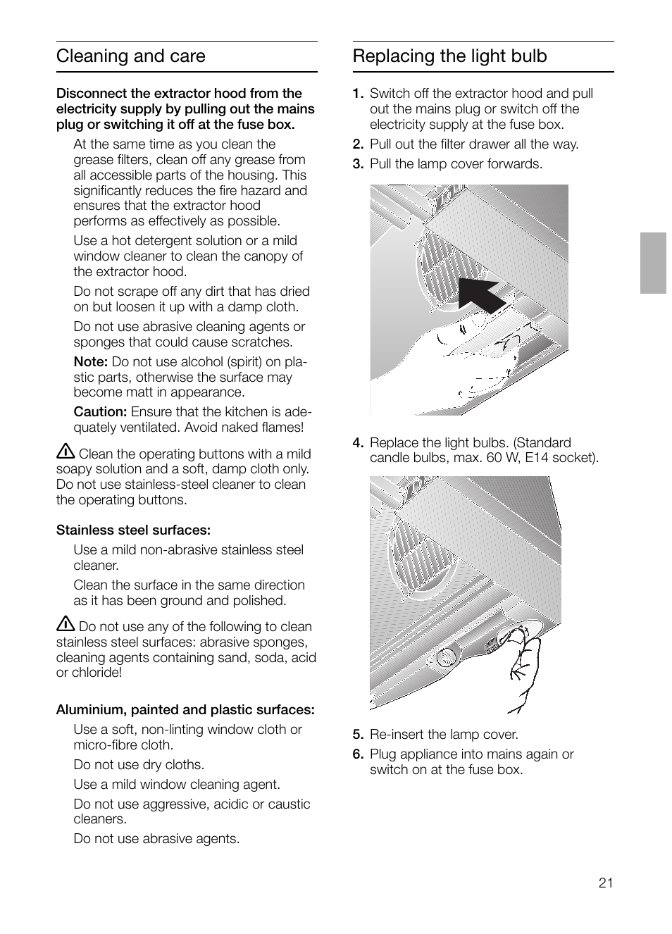 Replacing the light bulb, Cleaning and care | Bosch DHI645H grau-metallic Flachschirmhaube 60 cm User Manual | Page 21 / 96