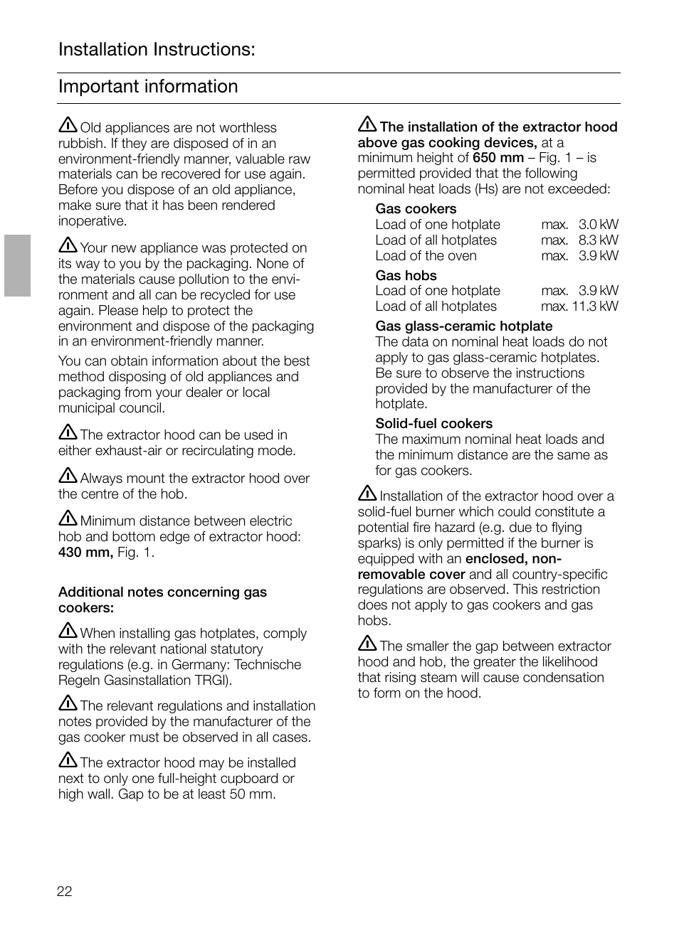 Important information installation instructions | Bosch DHI645H grau-metallic Flachschirmhaube 60 cm User Manual | Page 22 / 96